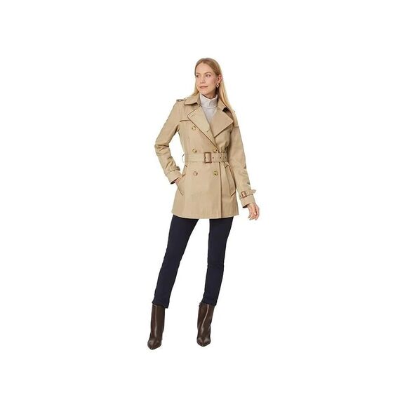 Lauren Ralph Lauren Short Double Breasted Trench Coach in Birch Tan Sz Large - Picture 3 of 6